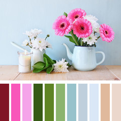 summer bouquet of flowers . vintage filter with palette color swatches
