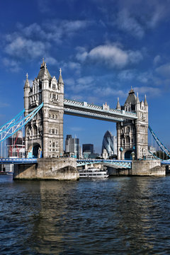 Famous Tower Bridge against blue sky in London, England