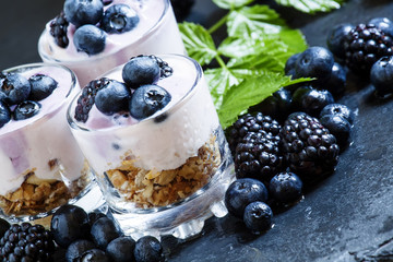 Homemade granola with yogurt, blueberry and blackberry in glass