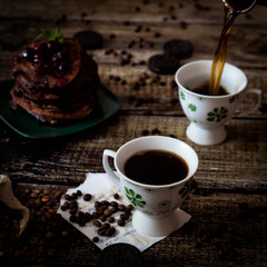 Breakfast: coffee, chocolate pancakes