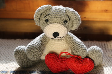 knitted toy bear hand made a couple hearts retro vintage