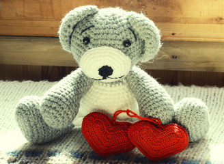 knitted toy bear hand made a couple hearts retro vintage