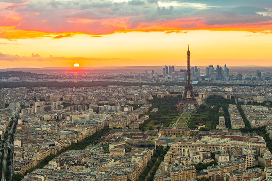 The Paris cityscape with Eiffel Tower at sunset
