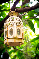 Antique candle holder hanging from a tree