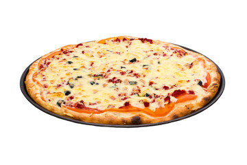 Pizza with cheese and ham isolated on white