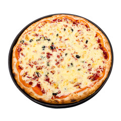 Pizza with cheese and ham isolated on white