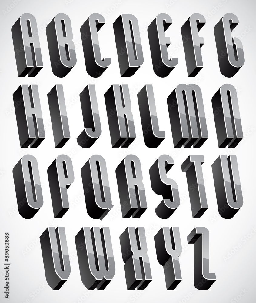 Poster 3d font, thin and tall dimensional letters set made with round e