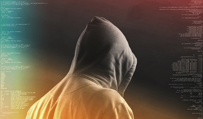 hacker at work with graphic user interface around