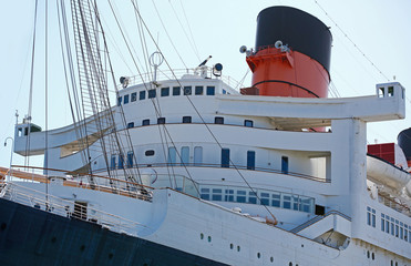 Detail of the Queen Mary ship anchored in Long Beach, California