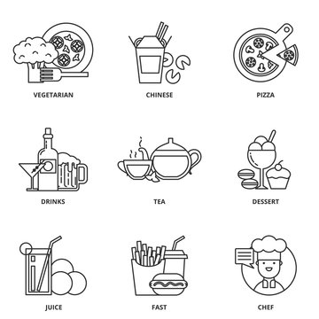 Food and drink vector icons set modern line style