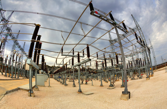 High voltage switchyard in electrical substation in fisheye perspective
