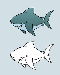 Great white shark.Happy,funny looking cartoon character.Coloring book illustration