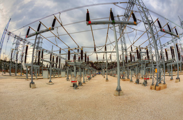 High voltage switchyard in electrical substation in fisheye perspective