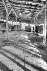 Ruins of an ancient fortress covered with wooden roof in black and white