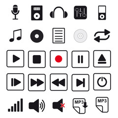 Audio Icons für Web-Seite, schwarz vor weißem Hintergrund, 