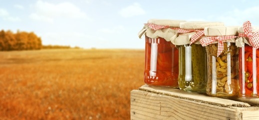 jars and autumn landscape 
