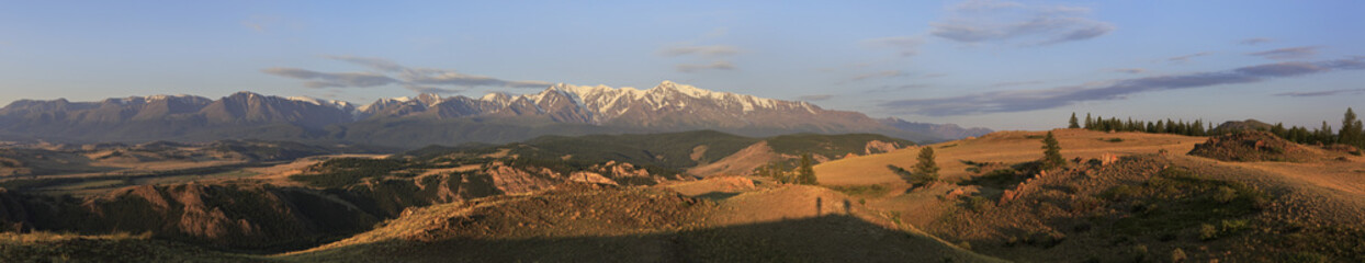 Panorama Kurai steppe and North Chuya ridge at dawn.
