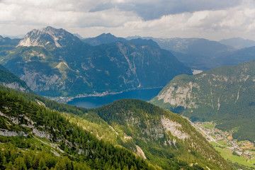 Naklejka na ściany i meble View of Lake Hallstatt from top of the Dachstein mountain 
