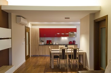 Living room with kitchen site and dining-table in renovated apartment