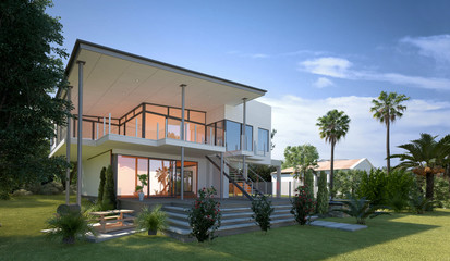 Modern design villa with a tropical garden
