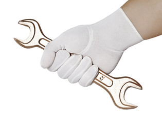 Elite service. Golden wrench in his hand and a white glove.