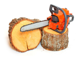 Cut logs fire wood and chainsaw isolated on white background. Renewable resource of a energy. Environmental concept. 