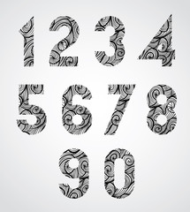 Fototapeta premium Old style numbers with hand drawn curly lines pattern.