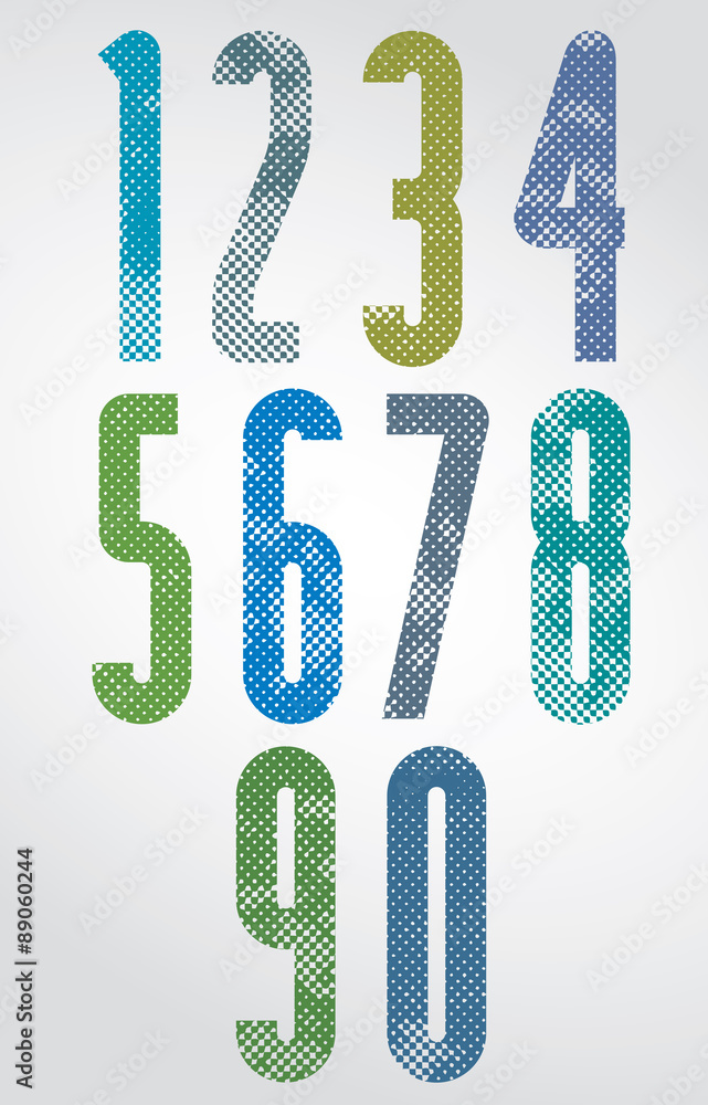 Poster halftone print dots textured tall numbers with rounded corners.