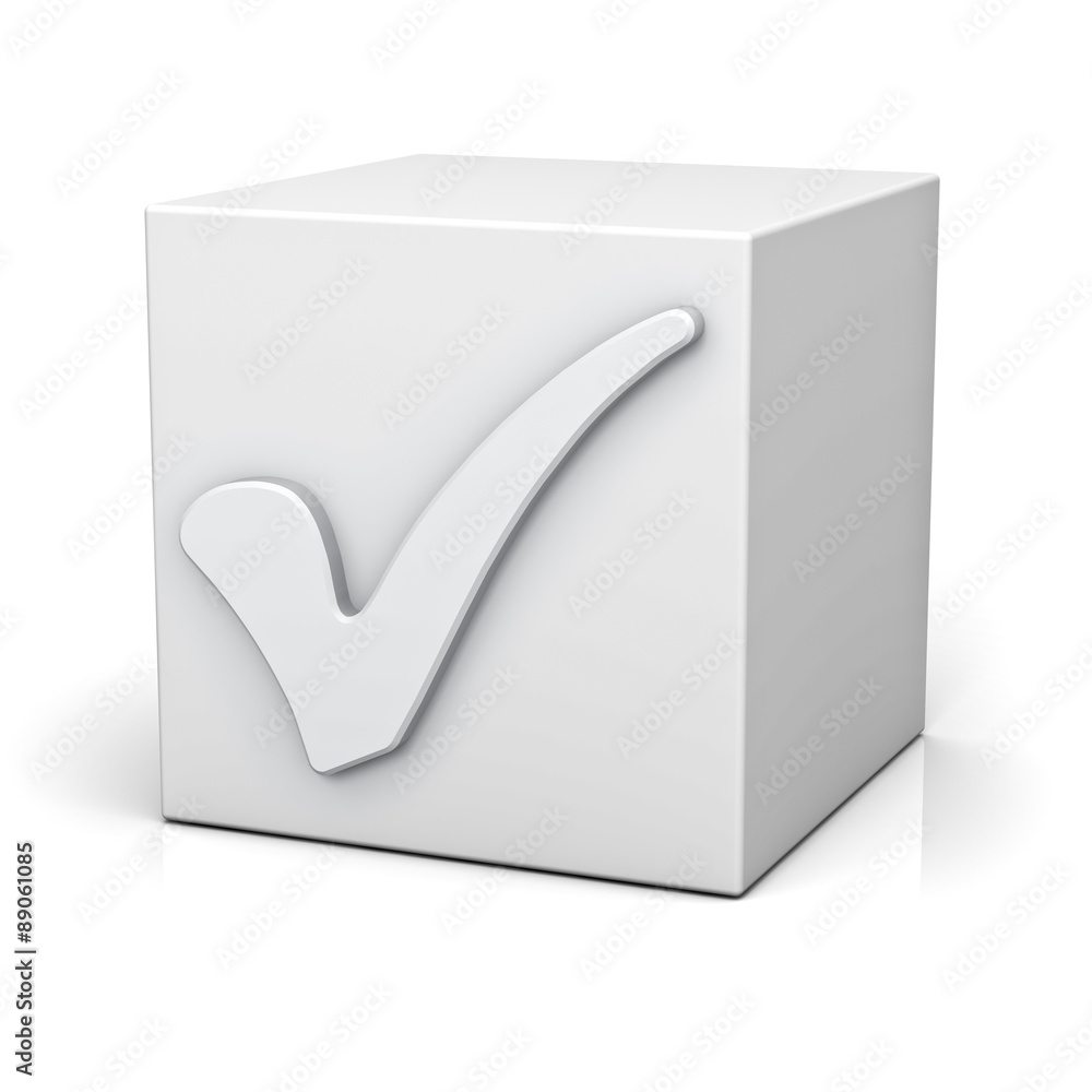 Poster check mark sign on white box isolated over white background with reflection