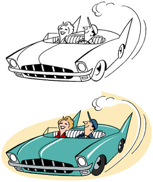 Couple Joyriding In Classic Car.