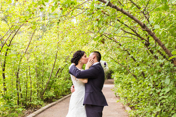 Bride and Groom at wedding Day walking Outdoors on autumn nature