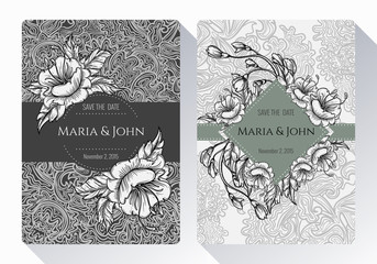 Vintage save the date or wedding invitation card collection with black and white flowers, leaves and branches. Ideal for Save The Date,mothers day, valentines day, birthday cards, invitations.