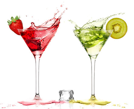 Stylish Cocktail Glass with Strawberry and Kiwi Liquor Splashing