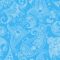 Blue Indian hand drawn paisley seamless pattern