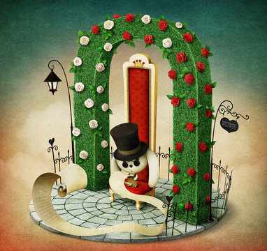 Fantasy Illustration With Green Arch And  Red Royal Chair And  Rabbit With  List