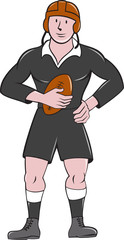 Vintage Rugby Player Holding Ball Standing Cartoon