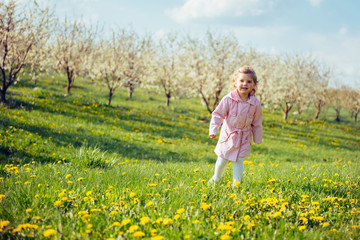 Fototapeta premium child outdoors in the blossom trees. Art processing and retouchi