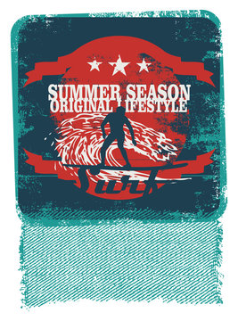 retro surf poster with surfer and stencil style