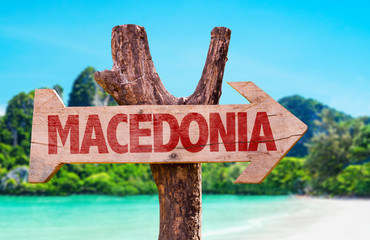 Macedonia wooden sign with lake background
