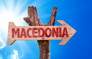 Macedonia wooden sign with sky background