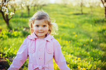 The little girl that runs in spring sunny day. Art processing an
