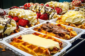 Traditional belgian waffles selling at corner bakery