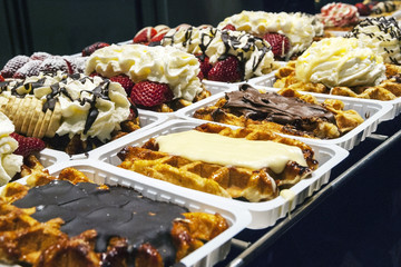 Traditional belgian waffles selling at corner bakery