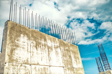 Construction site details, cement blocks, pillars and reinforced