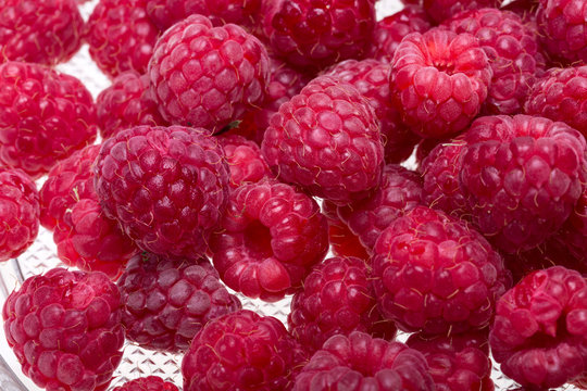 A beautiful selection of freshly picked ripe red raspberries.