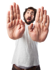 scared young man stop gesture