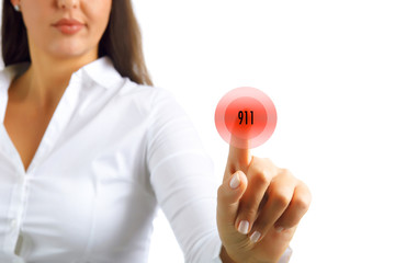911 Young business woman pushing button