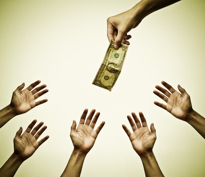 many hands fighting to get money