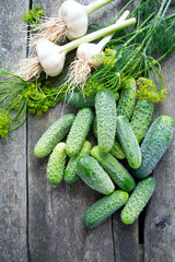 fresh cucumbers on wooden table
