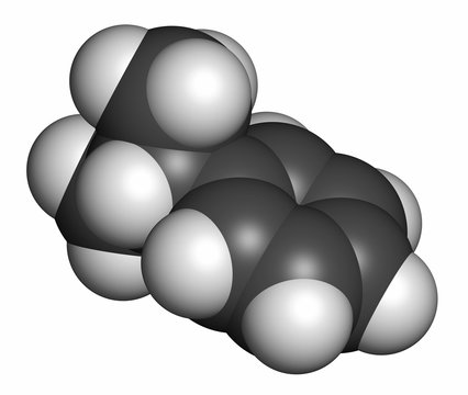 Cumene (isopropylbenzene) aromatic hydrocarbon molecule. 